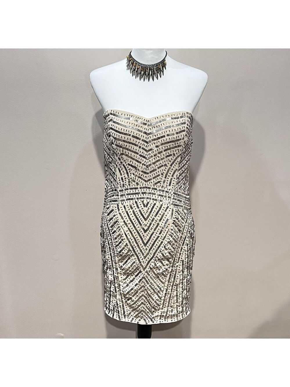 Temperance Dress M Beaded Sequin Strapless Cream Y2K Pom Bride Wedding Cocktail